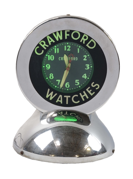 CRAWFORD WATCHES REVERSE ON GLASS DESK TOP GLO DIAL GREEN NEON CLOCK.