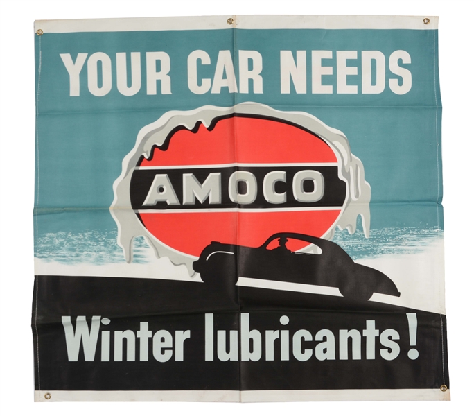 AMOCO WINTER LUBRICANTS NEW OLD STOCK CLOTH BANNER.