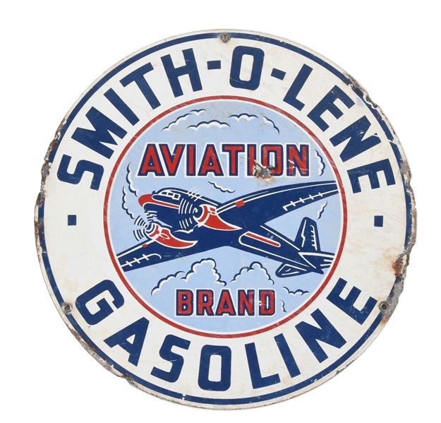 SMITH-O-LENE AVIATION BRAND PORCELAIN PUMP SIGN W/ AIRPLANE GRAPHIC