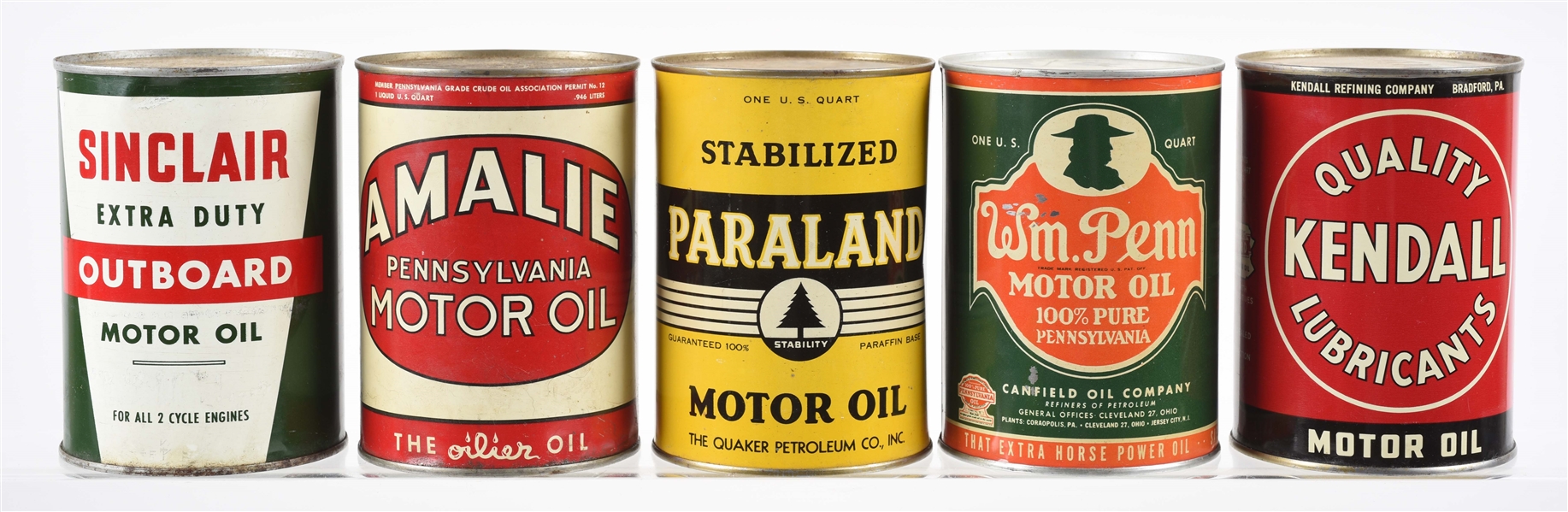 LOT OF 5: ONE QUART MOTOR OIL CANS. 