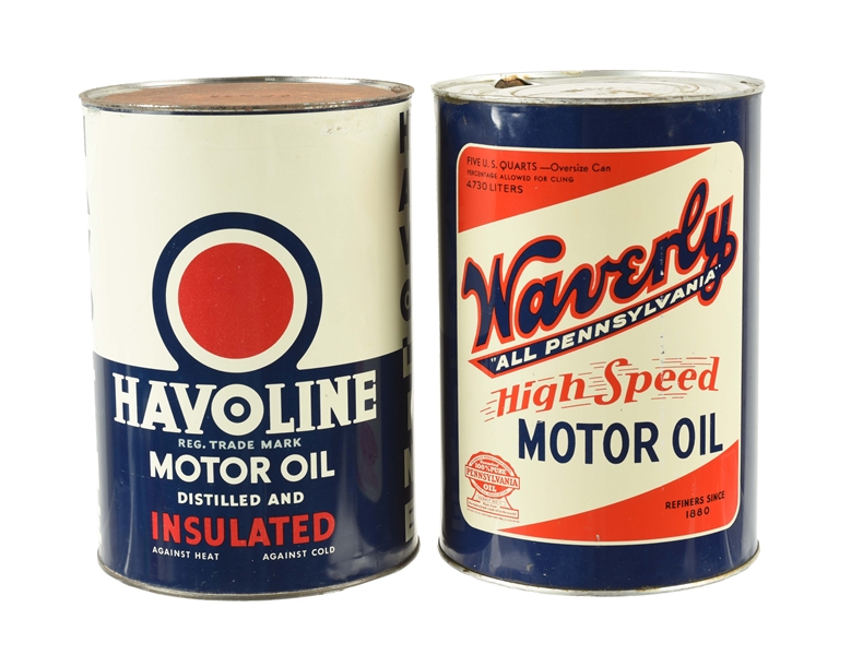 LOT OF 2: HAVOLINE & WAVERLY MOTOR OIL FIVE QUART CANS.