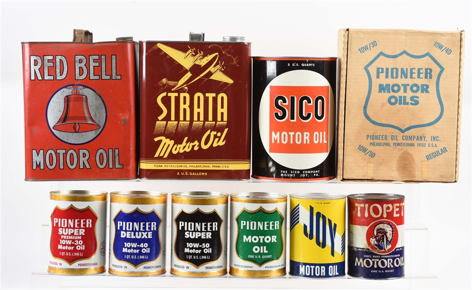 LOT OF 9: ASSORTED MOTOR OIL CANS.