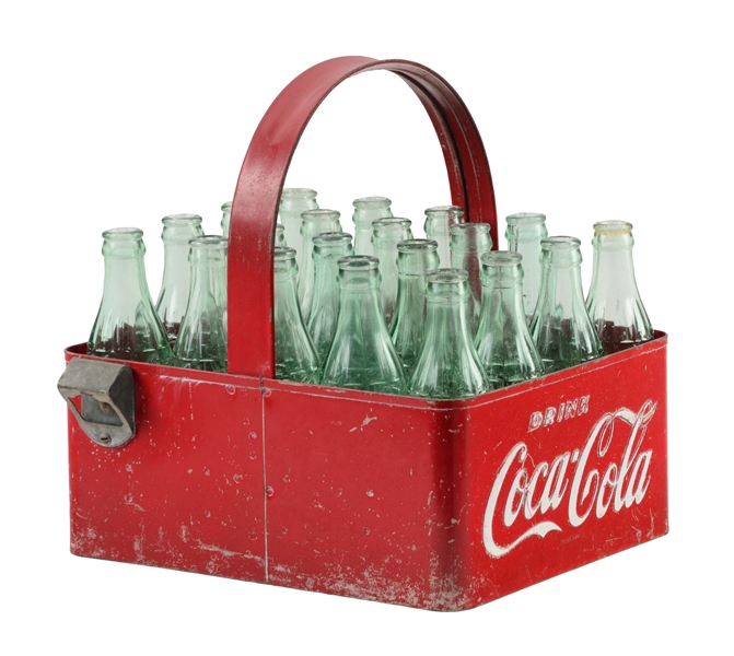 COCA COLA METAL CARRYING CASE WITH 20 COLA BOTTLES.