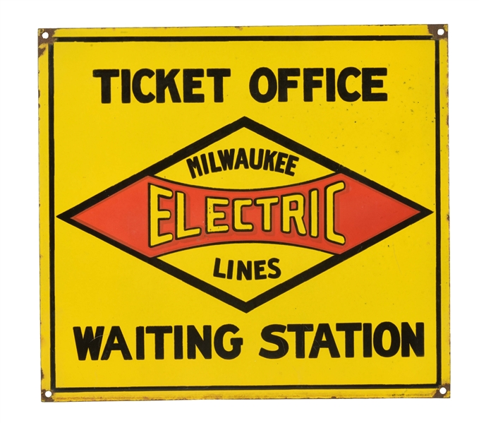 TICKET OFFICE & WAITING STATION MILWAUKEE ELECTRIC LINES PORCELAIN SIGN.