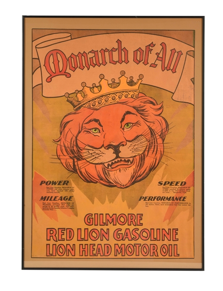 GILMORE RED LION GASOLINE FRAMED PAPER POSTER. 
