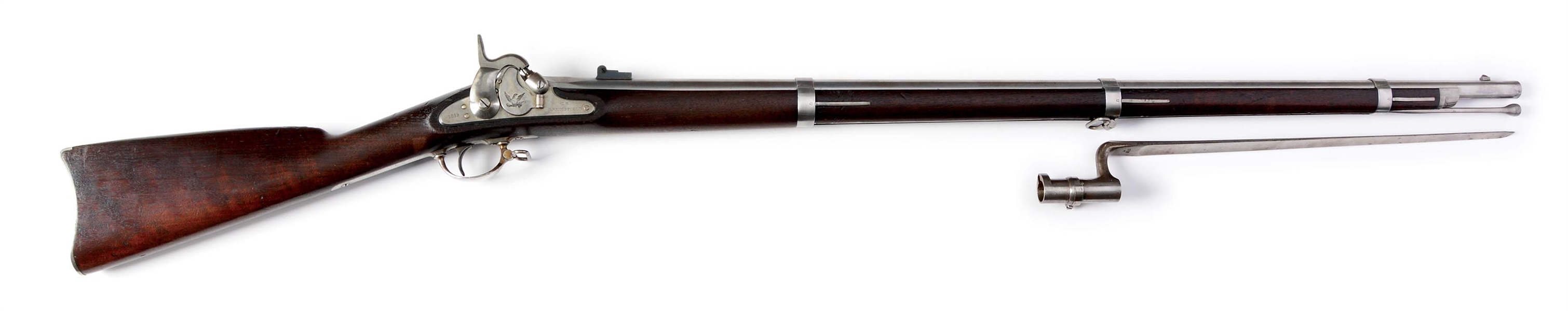 (A) U.S. MODEL 1855 PERCUSSION RIFLE MUSKET BY SPRINGFIELD WITH BAYONET.