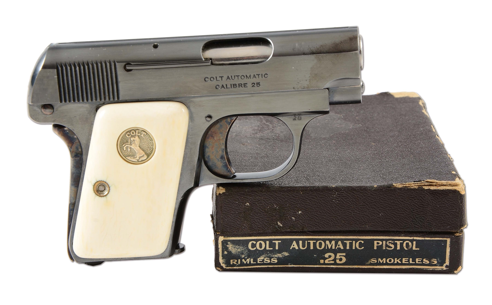 (C) BOXED COLT MODEL 1908 SEMI-AUTOMATIC POCKET PISTOL WITH SILVER MEDALLION IVORY GRIPS (1920).
