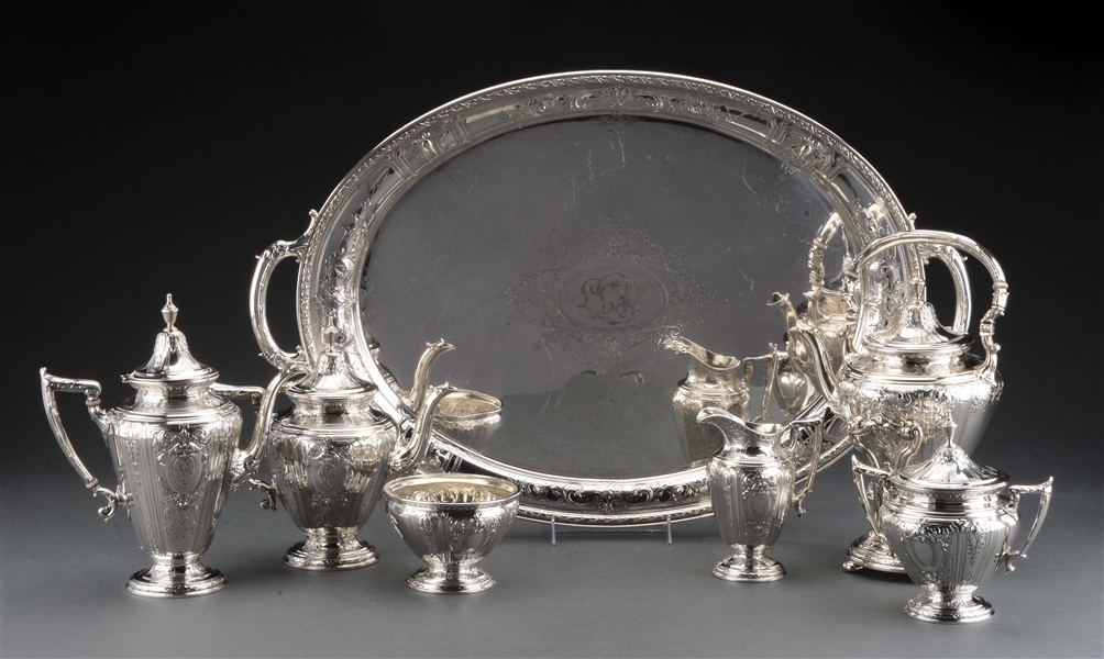 GORHAM STERLING SIX PIECE TEA & COFFEE SERVICE WITH A STERLING TRAY.