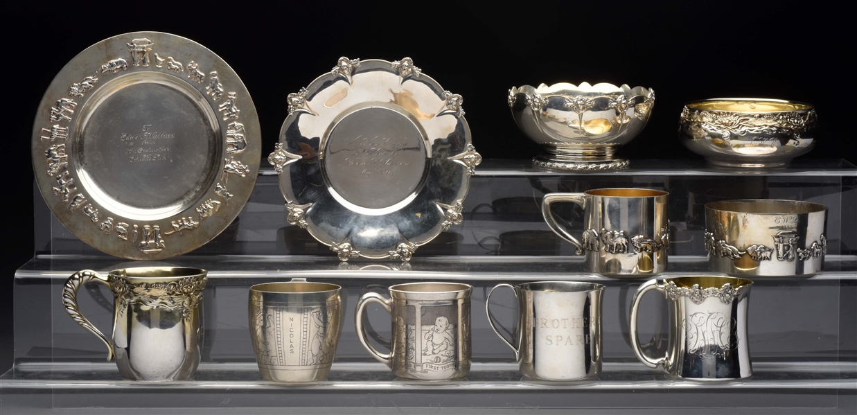 A GROUP OF AMERICAN STERLING CHILDS MUGS AND BOWLS. 