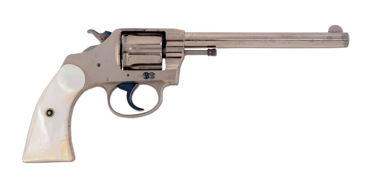 (C) SCARCE & DESIRABLE NICKEL PLATED COLT NEW POLICE .32 REVOLVER WITH 6" BARREL & FACTORY PEARL GRIPS (1906).