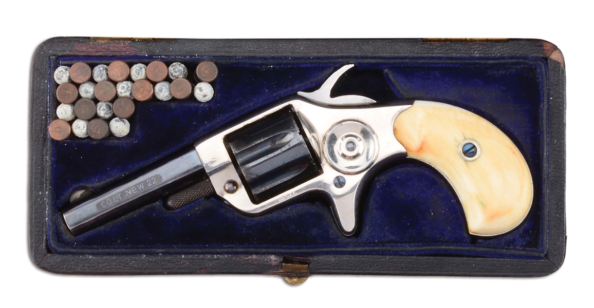 (A) CASED BLUE & NICKEL IVORY GRIPPED COLT NEW LINE .22 REVOLVER (1877).