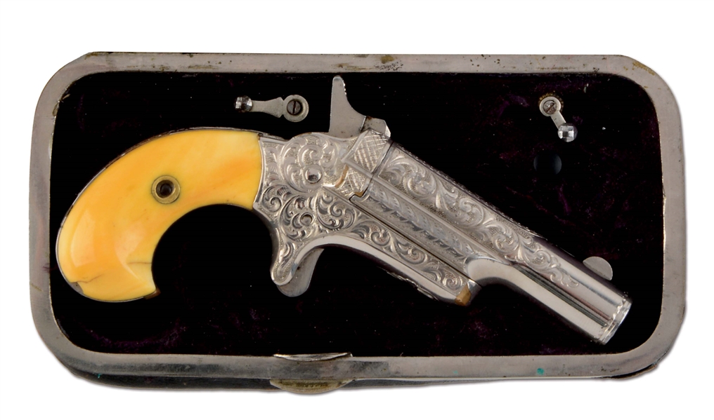 (A) FINE NICKEL PLATED CASED AND ENGRAVED COLT 3RD DERRINGER.