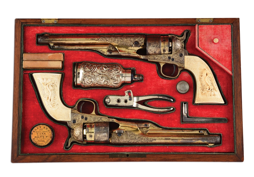 (A) SPLENDID HISTORIC ULTRA DELUXE CASED & ENGRAVED GILDED PAIR OF COLT 1860 ARMY REVOLVERS (1869).