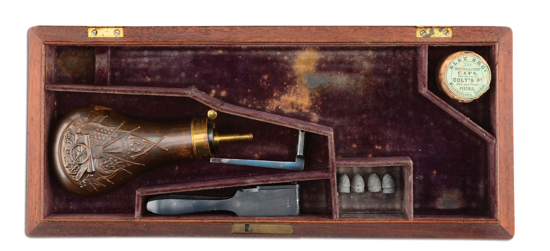 FINE ORIGINAL CASE FOR COLT 1860 ARMY WITH BULLET MOLD, COLTS PATENT FLASK, SCREWDRIVER & ELEYS CAPS TIN.