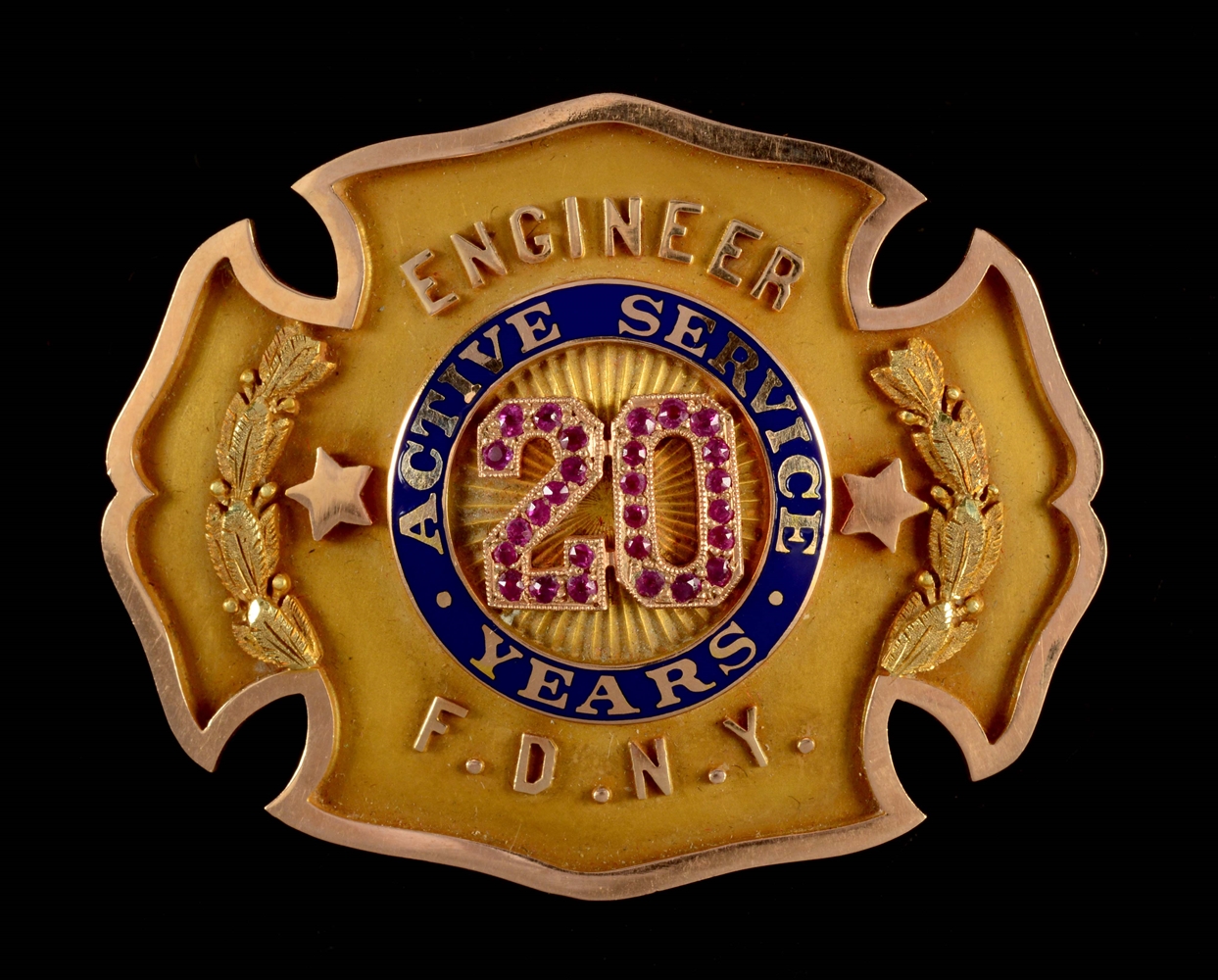 FDNY 20 YEAR ENGINEERS 14K GOLD PRESENTATION BADGE. 