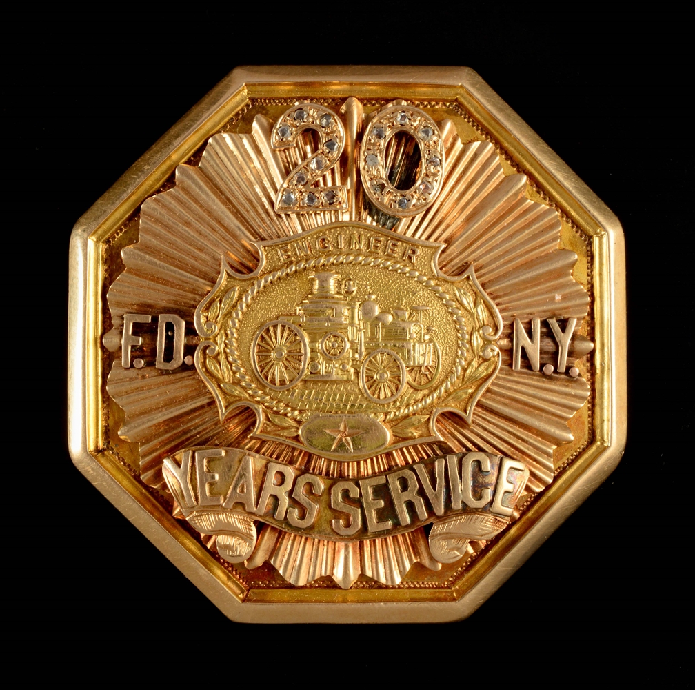 FDNY ENGINEERS 14K GOLD 20 YEAR SERVICE BADGE.