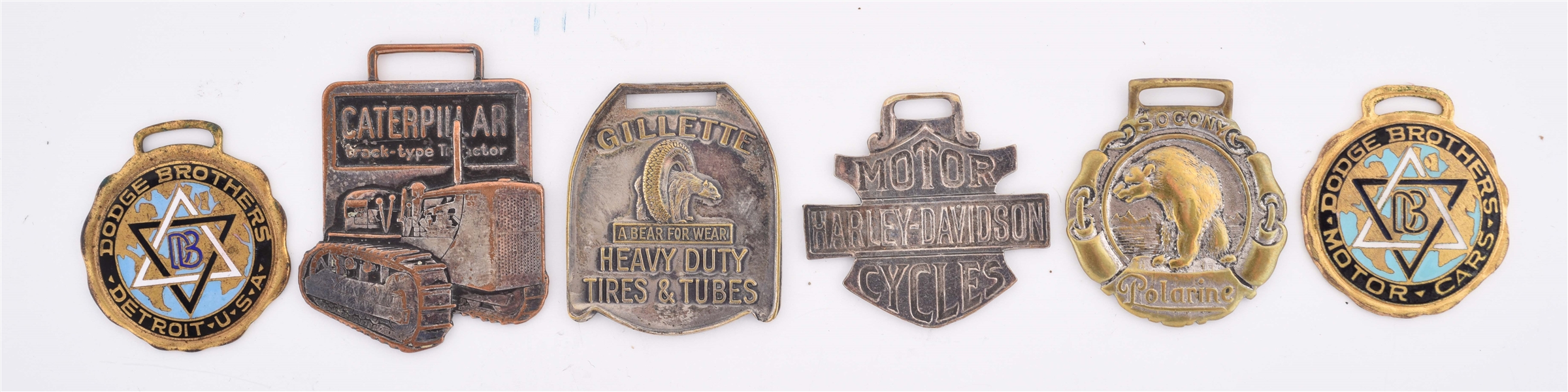 LOT OF 6: ASSORTED METAL ADVERTISING KEY FOBS. 