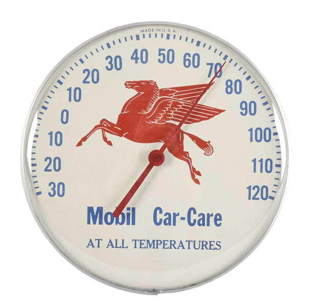 MOBIL CAR CARE GLASS FACE THERMOMETER WITH PEGASUS GRAPHIC.