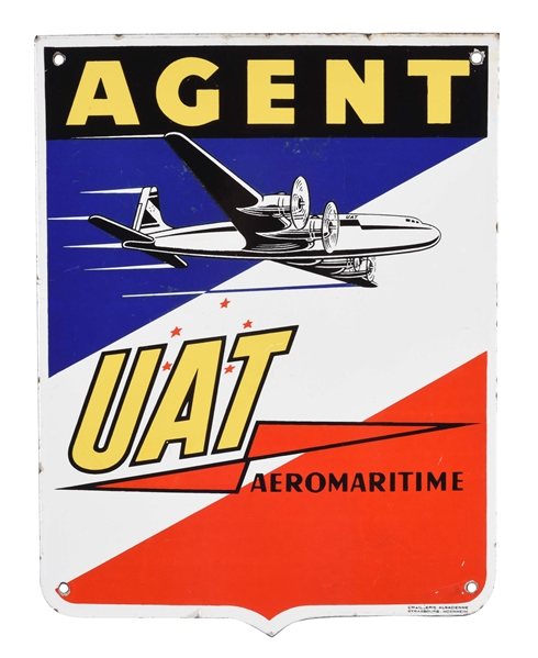 UAT AIRLINES AGENT PORCELAIN SIGN WITH AIRPLANE GRAPHIC. 