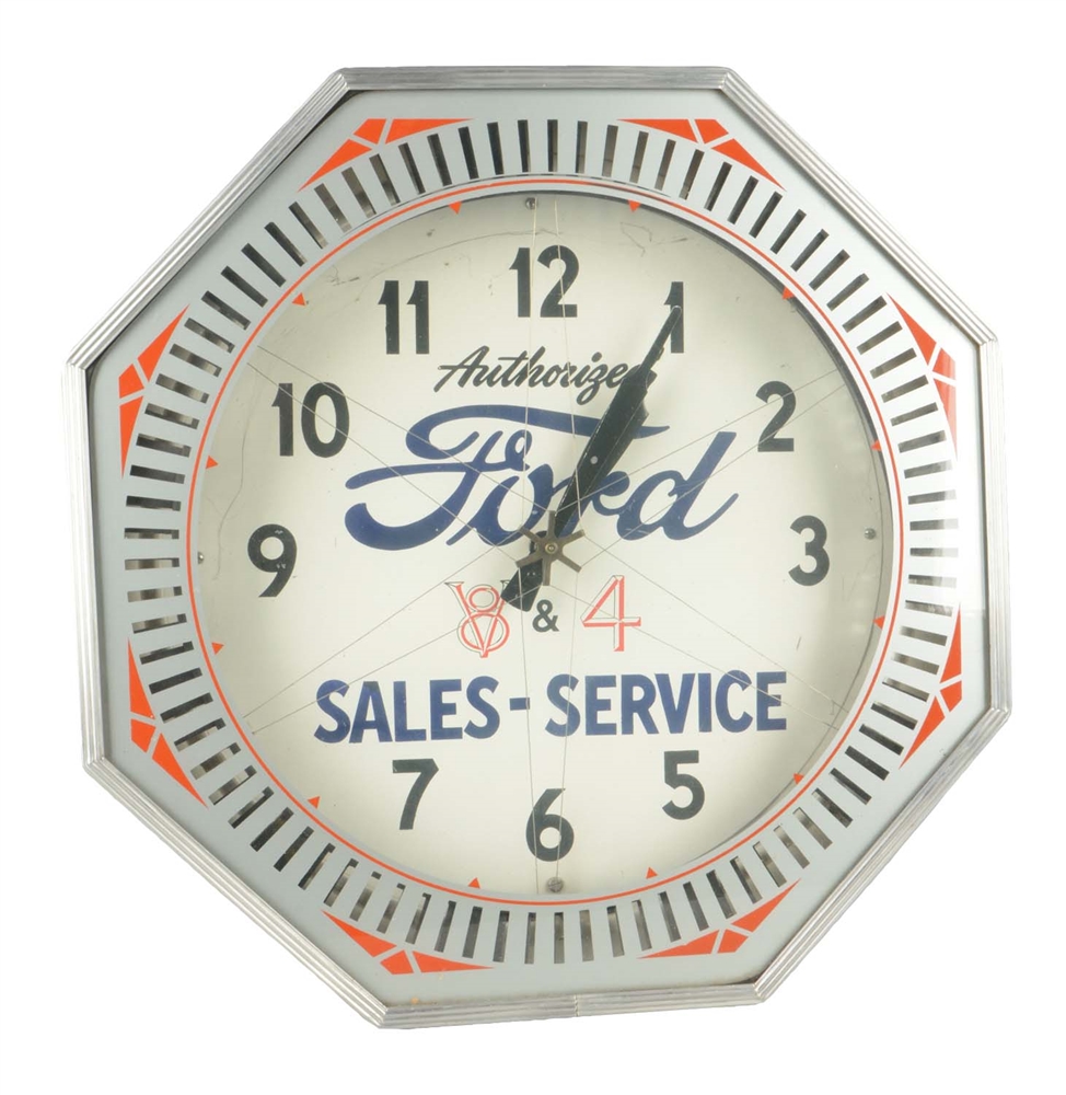 AUTHORIZED FORD SALES & SERVICE V-8 & 4 NEON CLOCK.