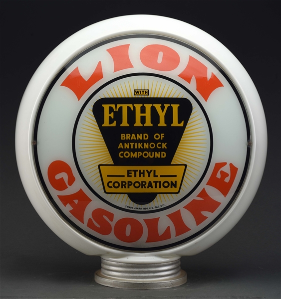 LION ETHYL GASOLINE 13-1/2" COMPLETE GLOBE ON SCREW BASE MILK GLASS BODY. 