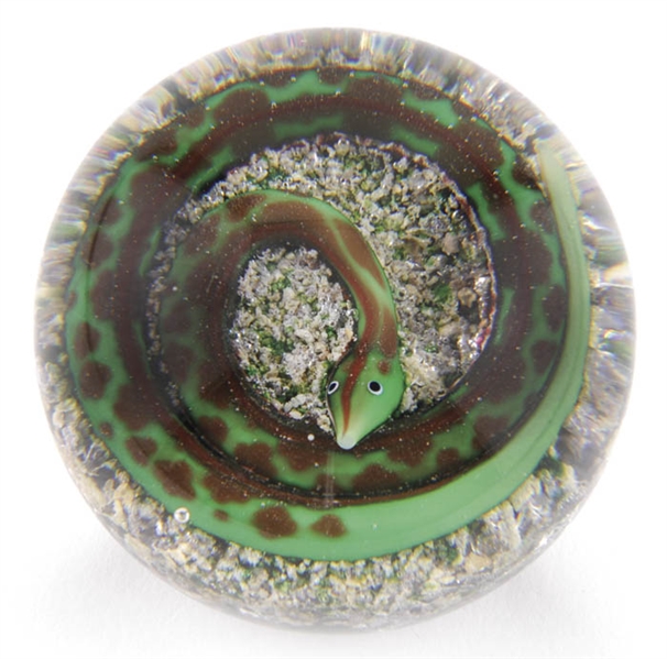BACCARAT GREEN & BROWN SNAKE PAPERWEIGHT                                                                                                                                                                