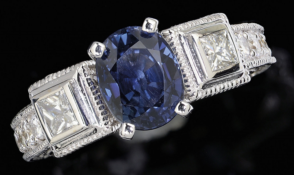 14KT WHITE GOLD, COLOR CHANGE SAPPHIRE & DIAMOND RING.                                                                                                                                                  