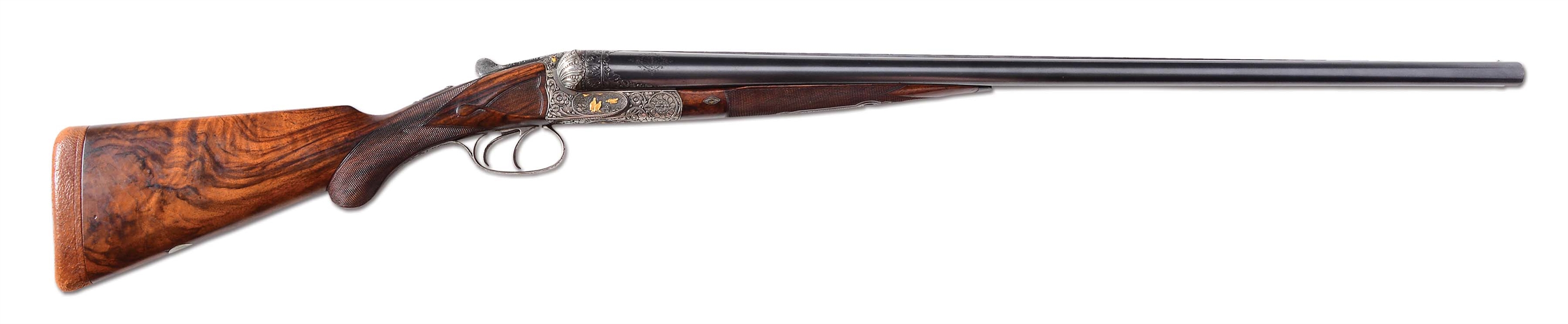 (A) CHARLES DALY DIAMOND QUALITY 12 GAUGE SXS SHOTGUN. WITH TRULY EXCEPTIONAL DEEP RELIEF ENGRAVING AND ALMOST THREE DIMENSIONAL GOLD INLAID DOGS AND BIRDS. 