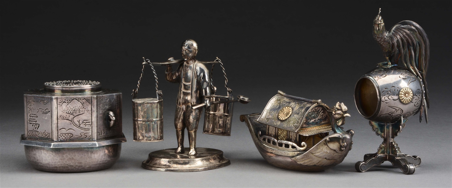 GROUP OF 4: JAPANESE SILVER MINIATURE SCULPTURES.