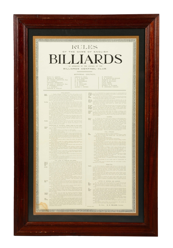 RULES OF THE GAME OF ENGLISH BILLIARDS POSTER.