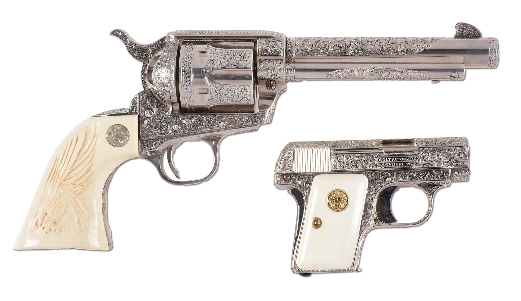 (M) LOT OF 2: ENGRAVED COLT SINGLE ACTION ARMY REVOLVER & ENGRAVED COLT 1908 SEMI-AUTOMATIC PISTOL.