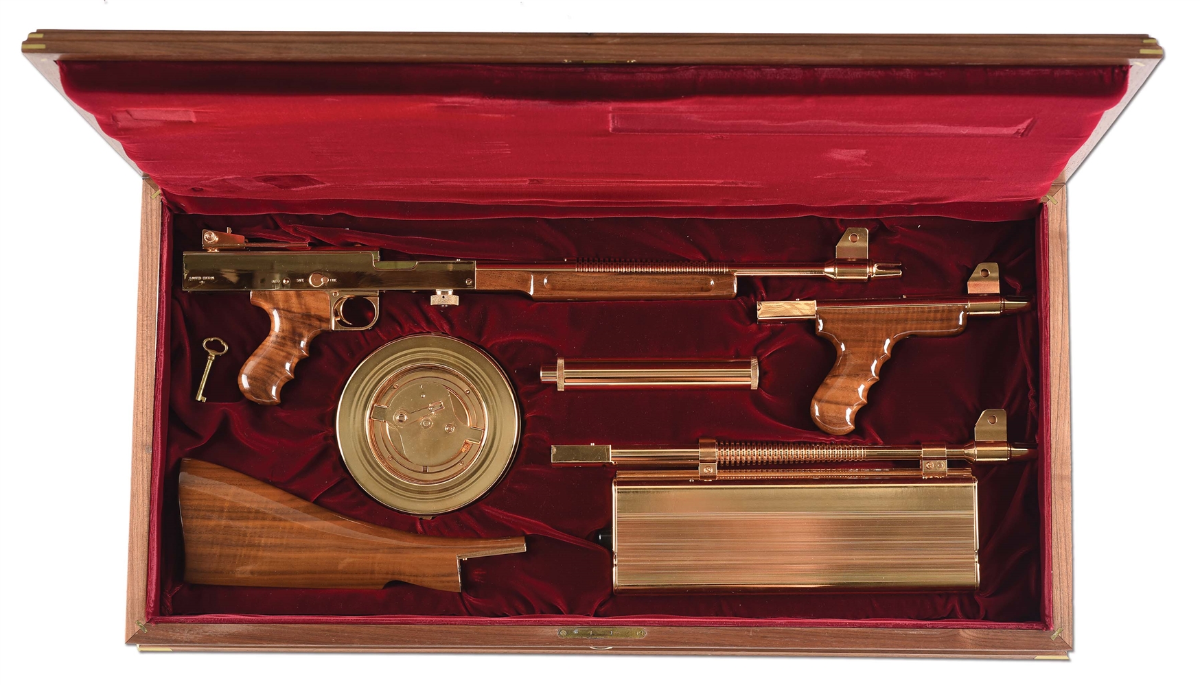 (N) ABSOLUTELY MAGNIFICENT UNFIRED GOLD M-2 LIMITED EDITION AMERICAN ARMS – AMERICAN 180 MACHINE GUN WITH LASER-LOK SIGHT, SILENCER, AND ORIGINAL FACTORY WOODEN DISPLAY CASE (FULLY TRANSFERABLE)