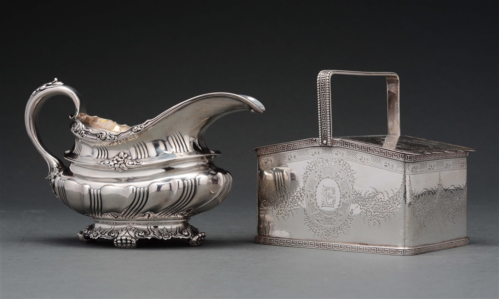 TIFFANY STERLING DOUBLE COMPARTMENT TEA CADDY AND A GRAVY BOAT. 
