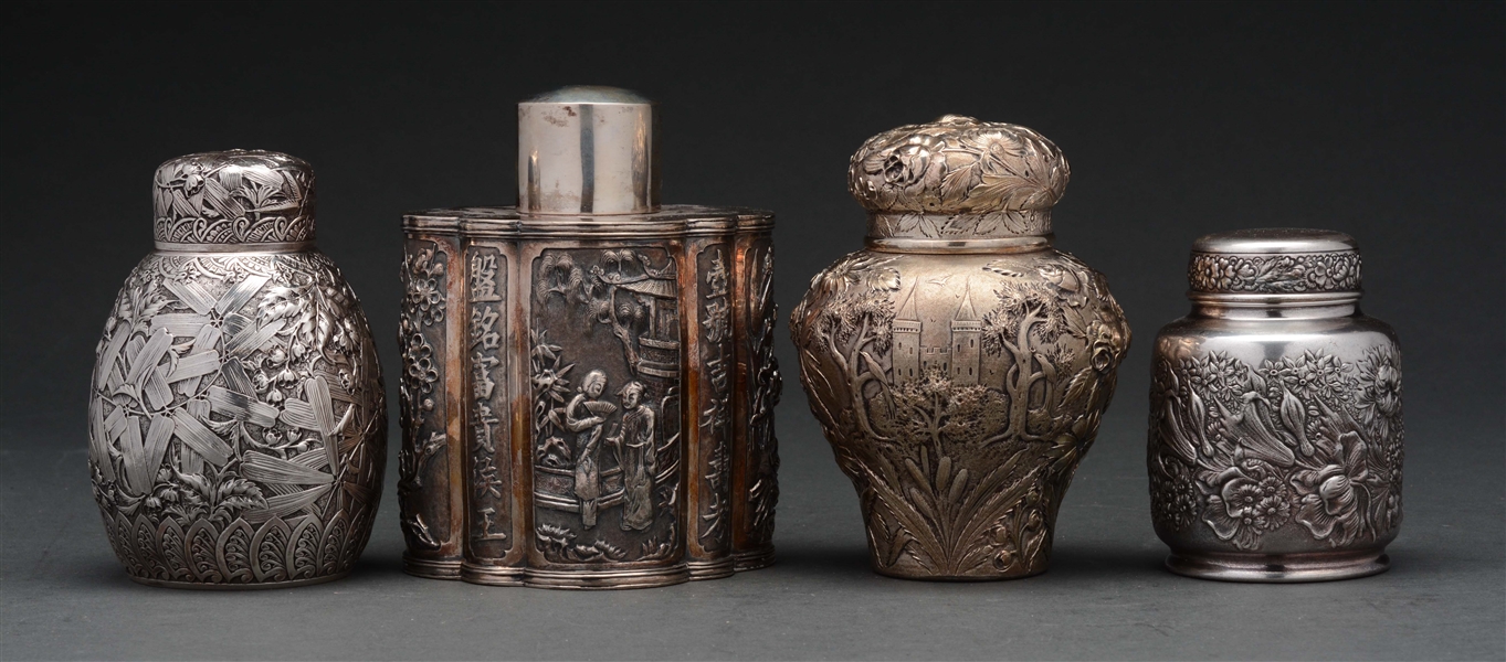 STERLING SILVER CADDIES, 3 AMERICAN & 1 CHINESE. 