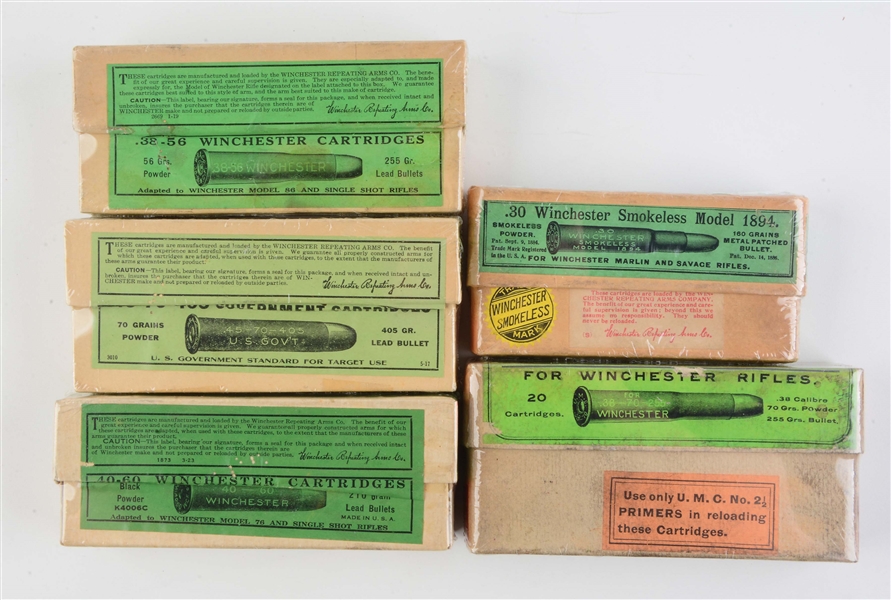 LOT OF 5: BOXES OF WINCHESTER AND UNION METALLIC AMMUNITION.