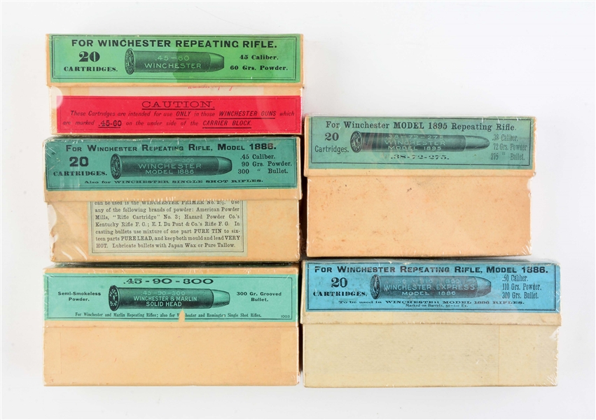 LOT OF 5: BOXES OF WINCHESTER AND PETERS AMMUNITION.