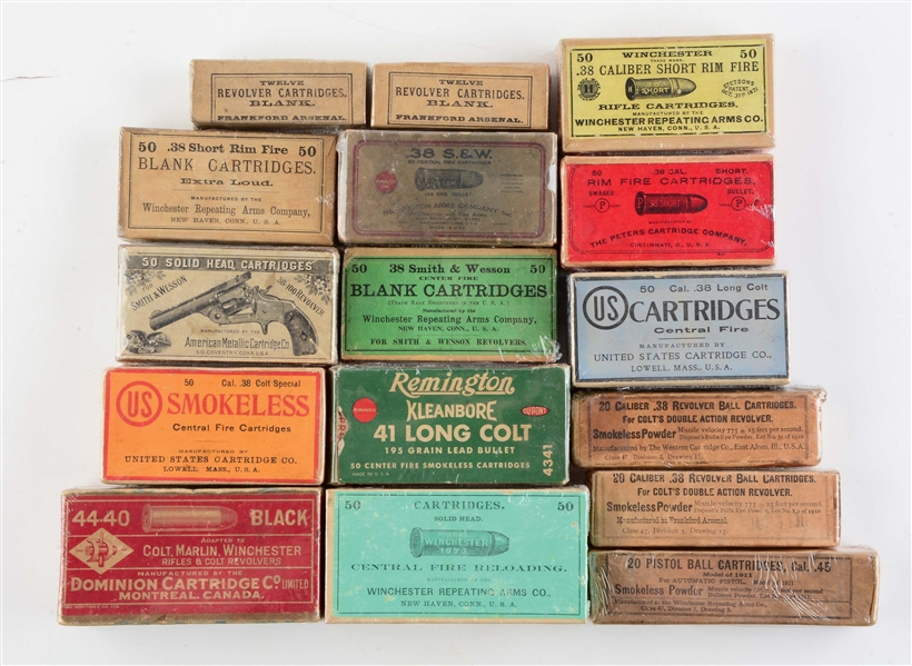 LOT OF 16: BOXES OF VARIOUS AMMUNITION.