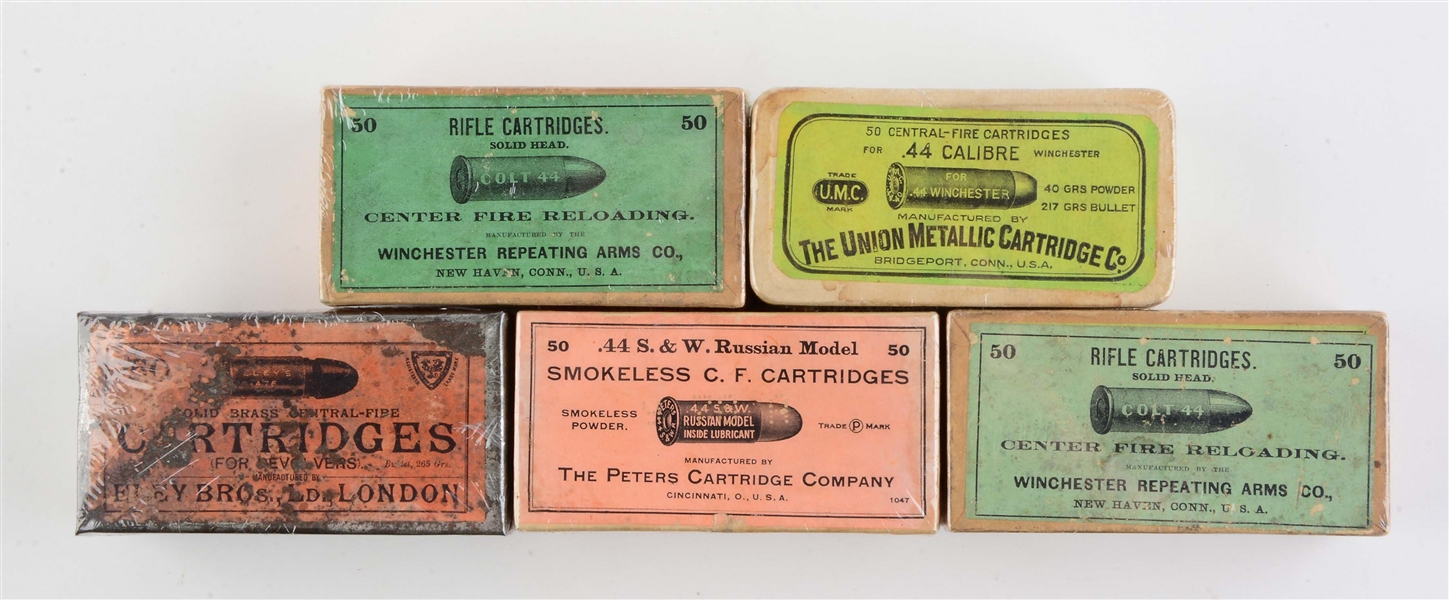 LOT OF 5: BOXES OF .44 & .476 CAL. AMMUNITION.