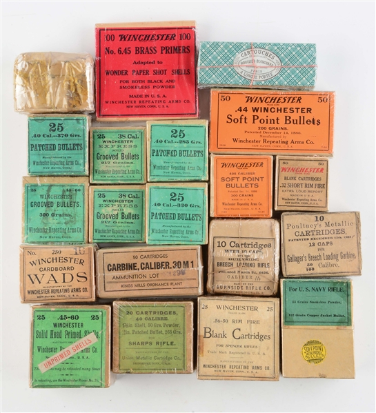 LOT OF 20: BOXES OF VARIOUS AMMUNITION AND BULLETS.