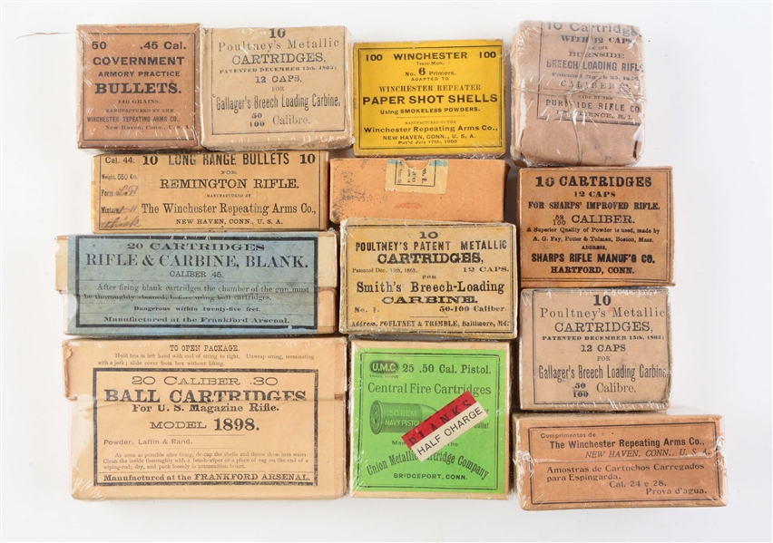 LOT OF 13: BOXES OF VARIOUS MILITARY AMMUNITION.