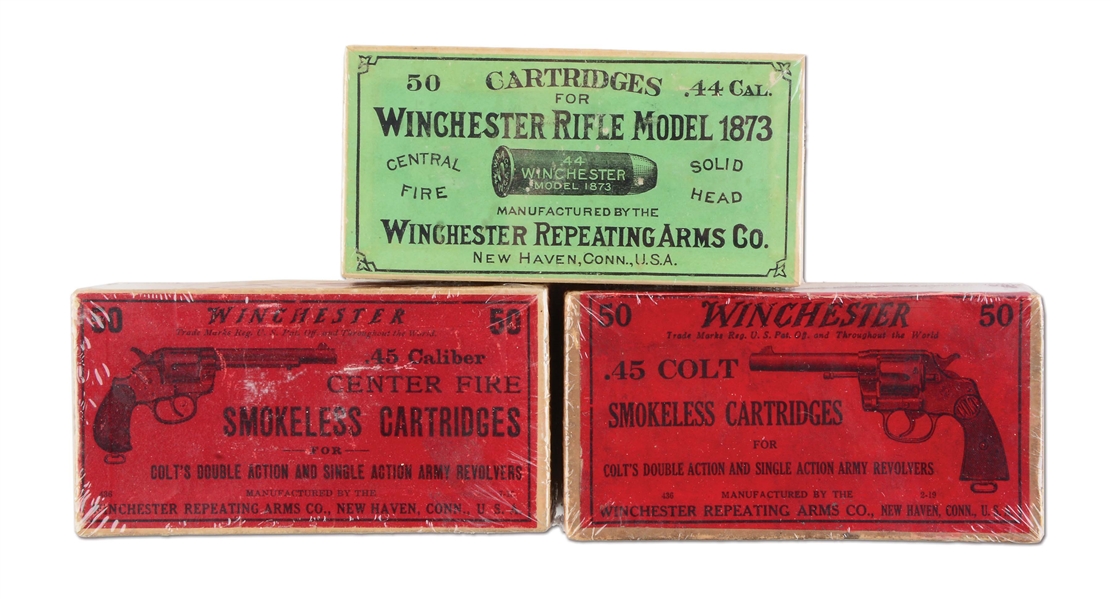 LOT OF 3: BOXES OF WINCHESTER .44 AND .45 CALIBER AMMUNITION.