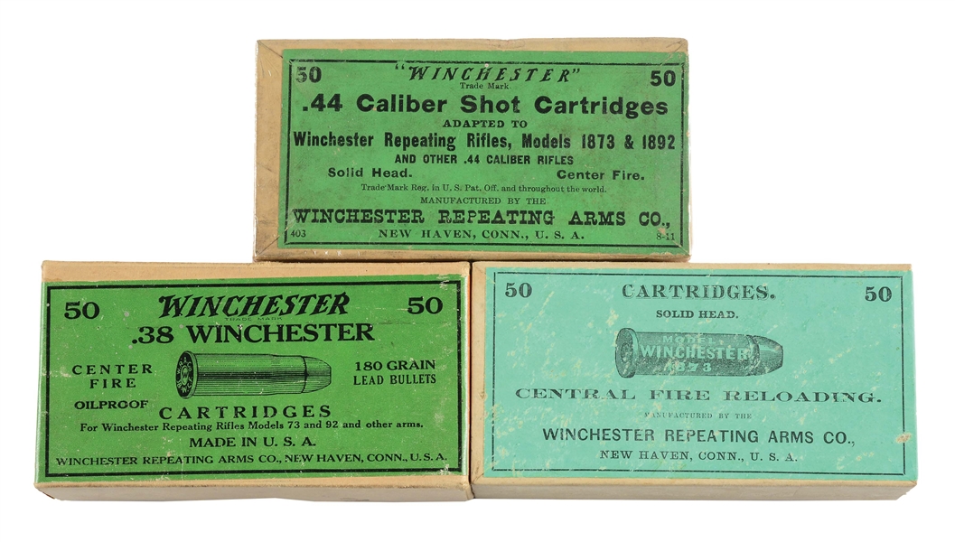 LOT OF 3: BOXES OF WINCHESTER CENTER FIRE AMMUNITION.
