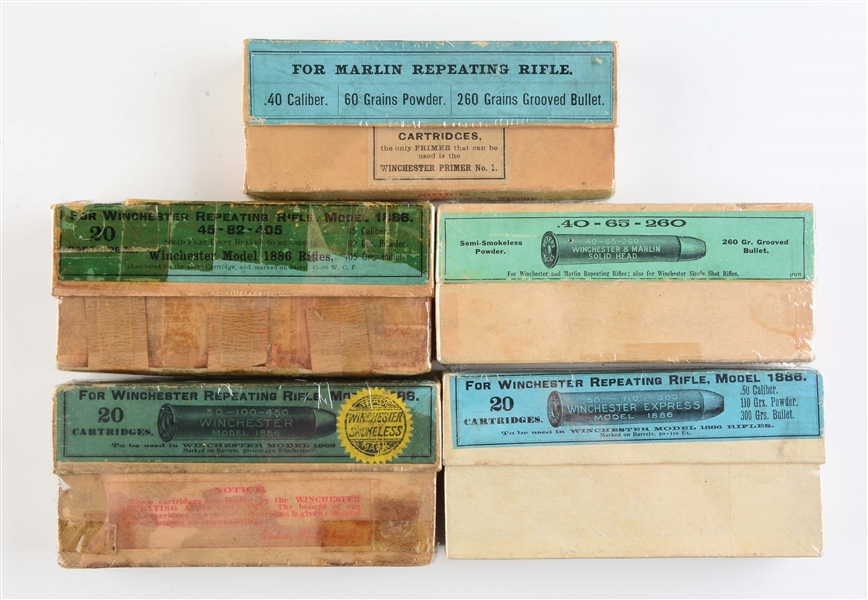 LOT OF 5: BOXES OF VARIOUS ANTIQUE RIFLE AMMUNITION.