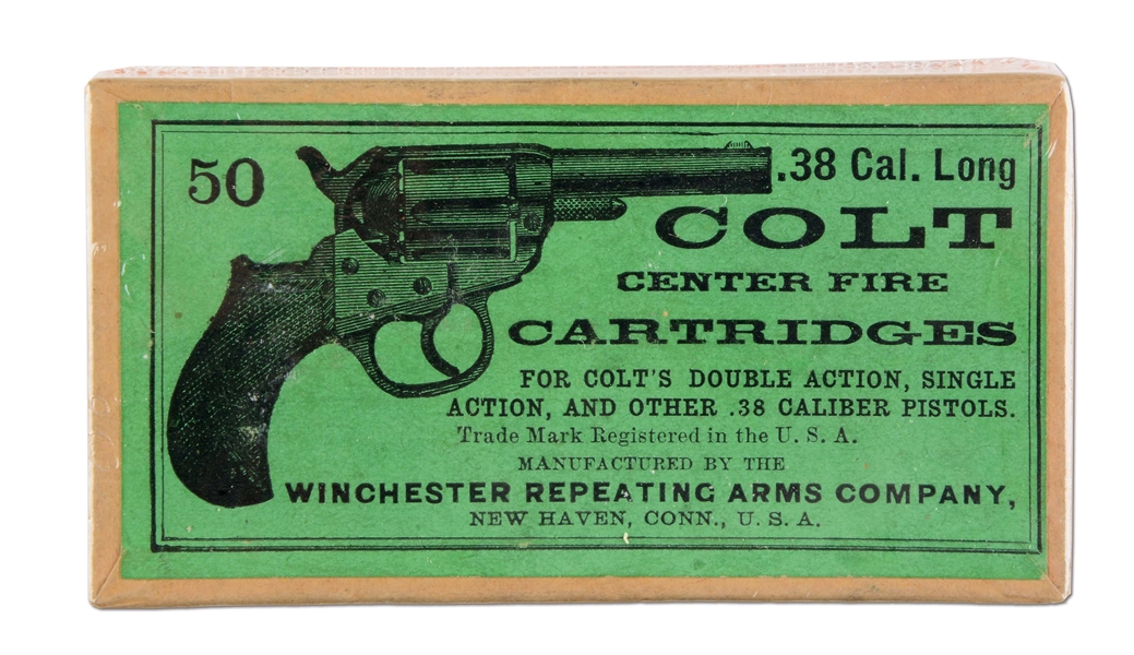 WINCHESTER PICTURE BOX OF .38 LONG COLT CENTER FIRE AMMUNITION.