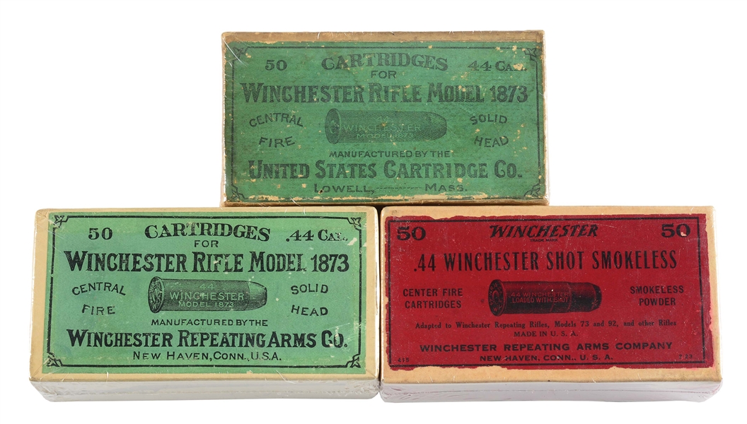 LOT OF 3: BOXES OF WINCHESTER AND UNITED STATES CARTRIDGE CO. .44 CAL. AMMUNITION.