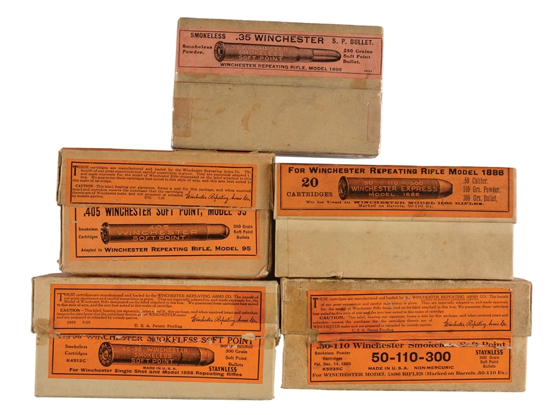 LOT OF 5: BOXES OF WINCHESTER AND PETERS RIFLE AMMUNITION.