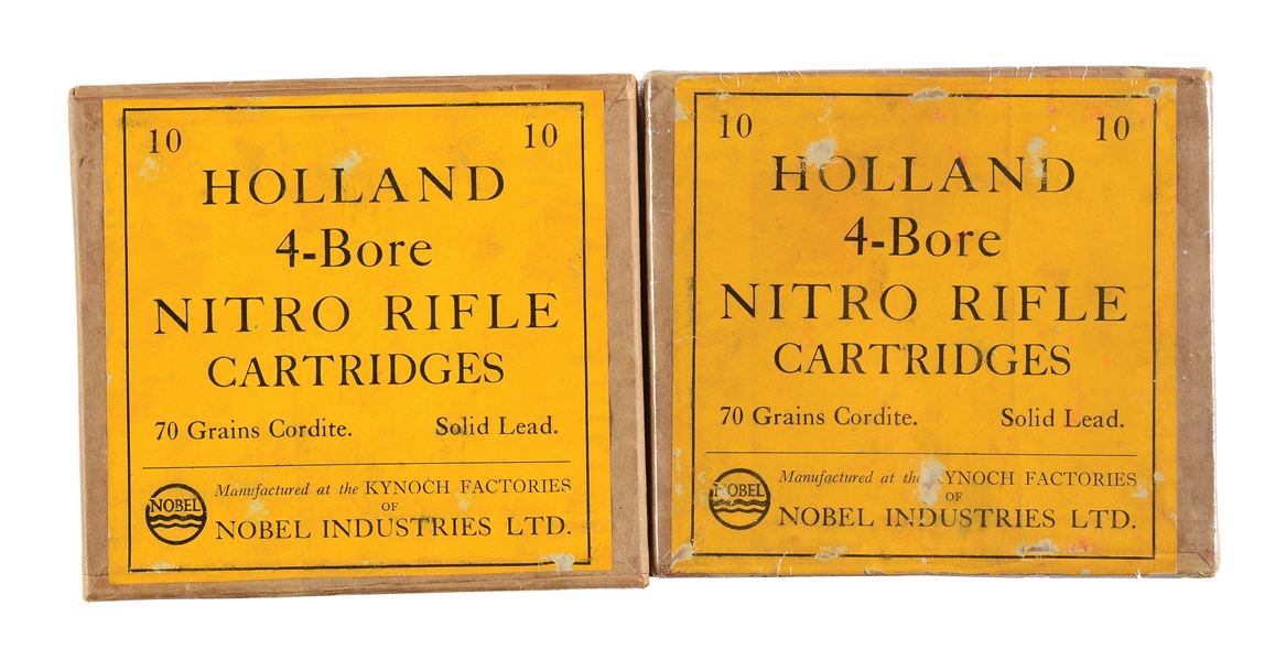 (A) LOT OF 2: BOXES OF KYNOCH FOUR BORE HOLLAND & HOLLAND RIFLE CARTRIDGES.