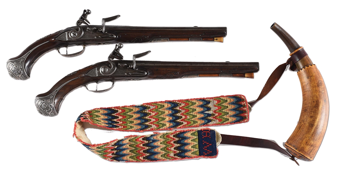 (A) PAIR OF IDENTIFIED FRENCH SILVER MOUNTED FLINTLOCK PISTOLS & A POWDER HORN BELONGING TO THOMAS SIMON
