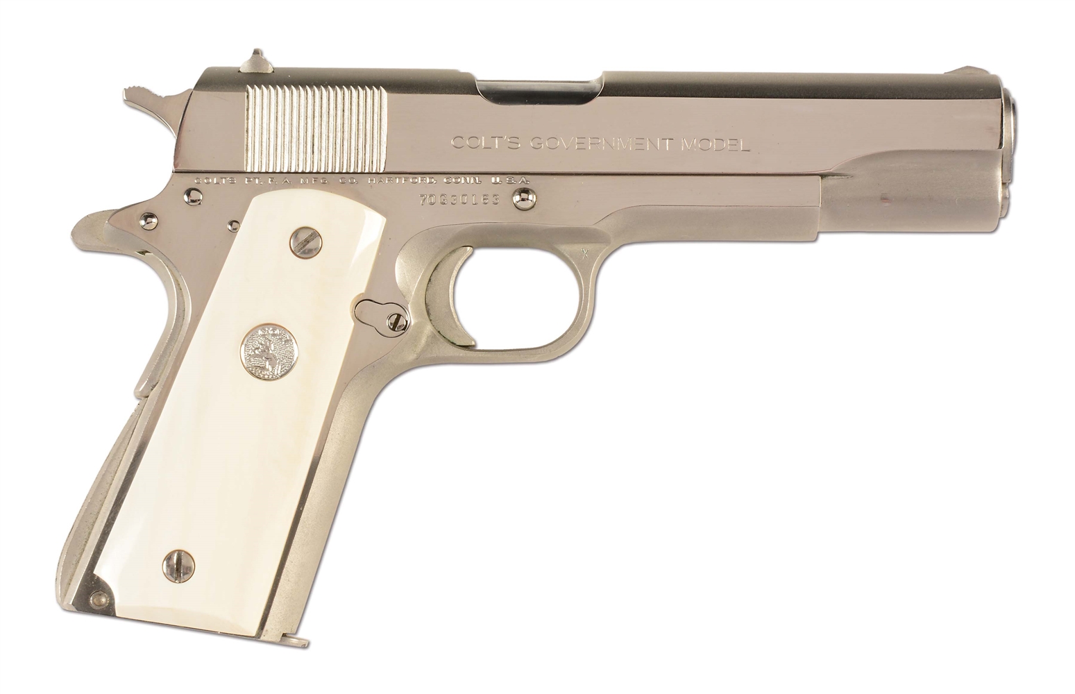 (M) NICKEL PLATED COLT MODEL 1911A1 SERIES 70 GOVERNMENT SEMI-AUTOMATIC PISTOL WITH IVORY GRIPS (1972).