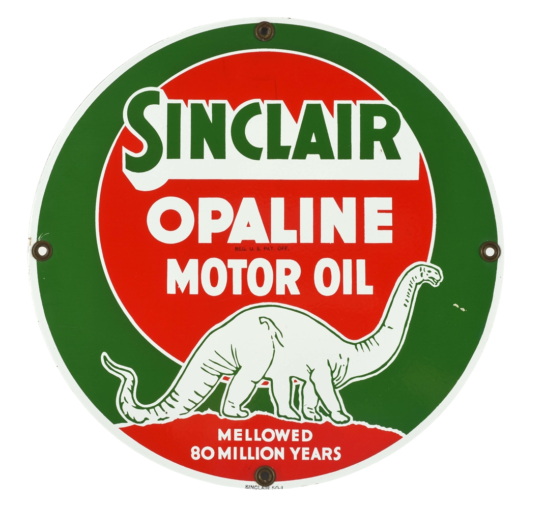 VERY RARE SINCLAIR OPALINE MOTOR OIL 16" PORCELAIN SIGN WITH DINO GRAPHIC.